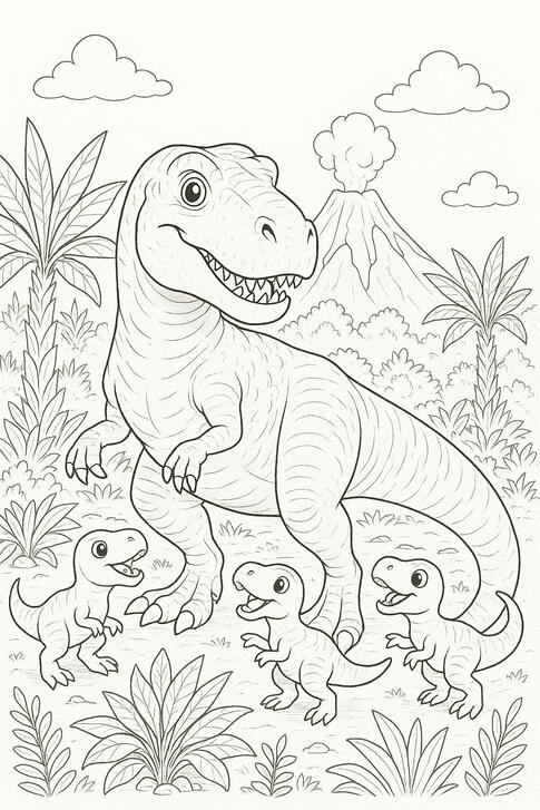 saure Tyrannosaure Tyrannosaure à colorier dans un décor préhistorique.