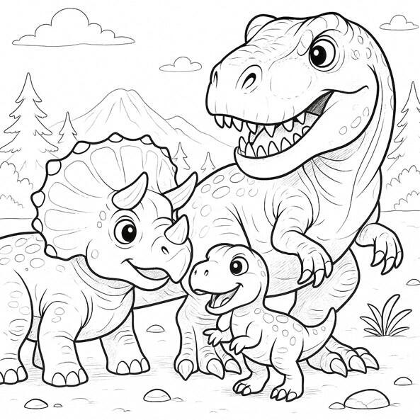 Famille de dinosaures Famille de dinosaures à colorier avec un tyrannosaure, un tricératops et un bébé dinosaure.