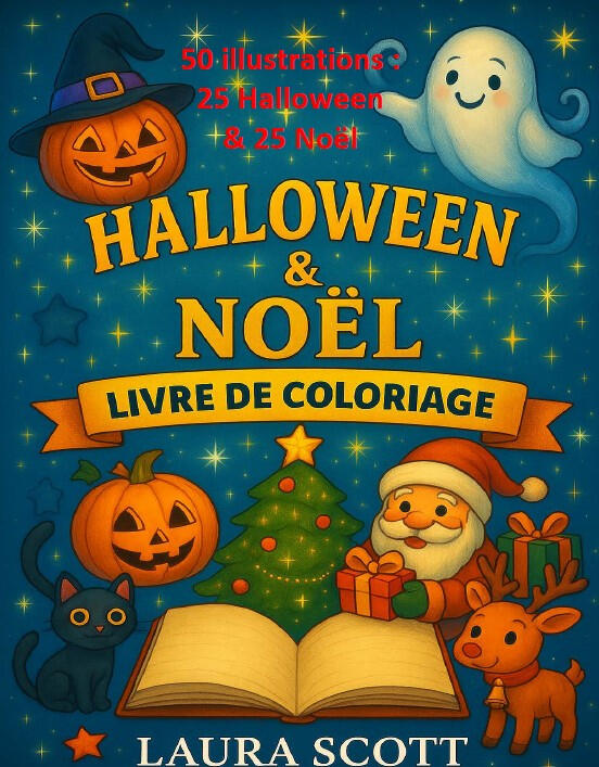 Livre de coloriage Halloween & Noël Couverture du livre de coloriage Halloween et Noël pour enfants avec des citrouilles, des fantômes et le Père Noël.
