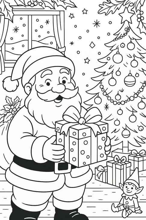 Père Noël Père Noël tenant un cadeau devant un sapin de Noël à colorier.