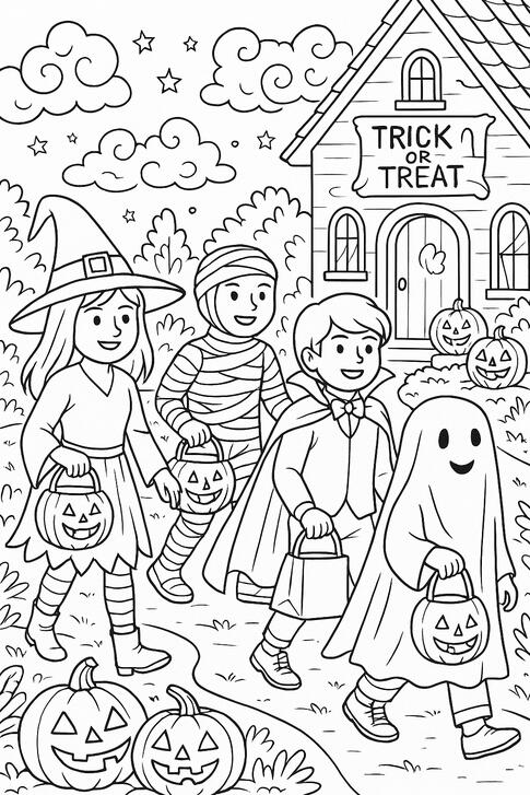 Enfants à Halloween Enfants déguisés faisant la tournée d'Halloween avec des citrouilles à colorier.