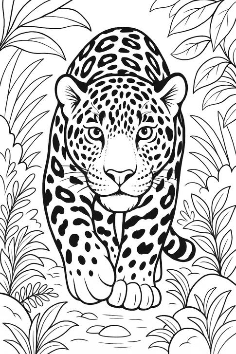 Jaguar Jaguar à colorier au milieu de la végétation tropicale.