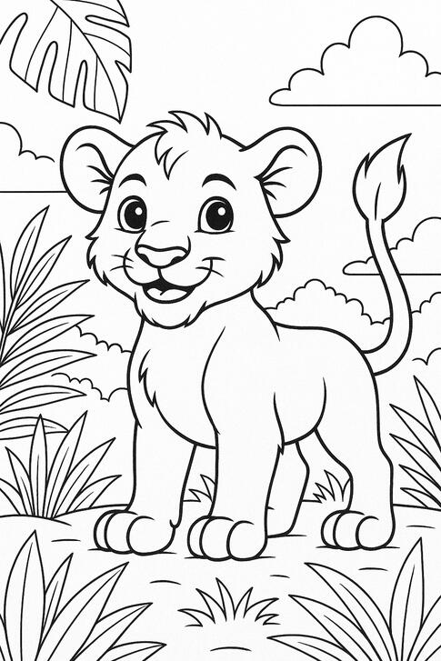 Lionceau Lionceau à colorier dans un décor de jungle.