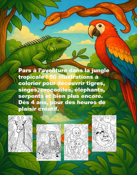 Présentation Les Animaux de la Jungle Page de présentation du livre Les Animaux de la Jungle avec plusieurs animaux de la jungle à colorier.
