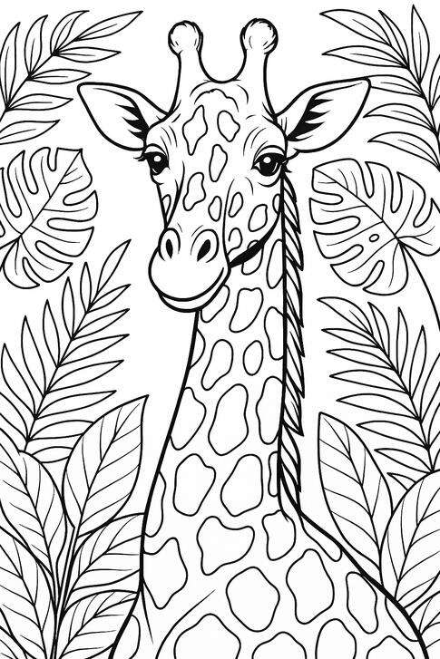 Girafe Girafe à colorier dans la jungle tropicale.