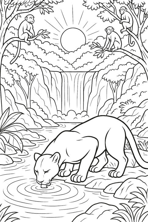 Tigre Tigre à colorier traversant une rivière dans la jungle.