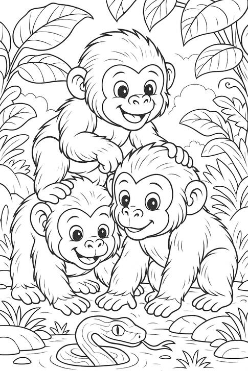 Famille de singes Famille de singes à colorier dans la jungle.