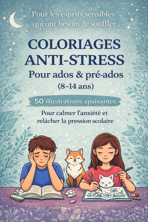 Couverture du livre de coloriage anti-stress pour ados et pré-ados avec des illustrations relaxantes.