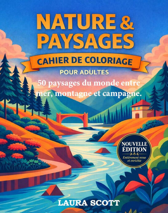 Couverture du livre de coloriage pour adultes Nature & Paysages illustrant des paysages naturels et relaxants.