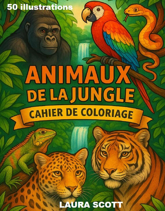 Livre de coloriage enfant Jungle Couverture du livre de coloriage pour enfants Les Animaux de la Jungle avec des tigres, des perroquets et des animaux sauvages.