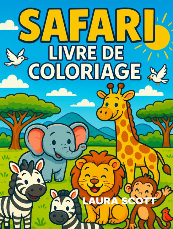 Livre de coloriage enfant Safari Couverture du livre de coloriage pour enfants Safari avec des lions, des girafes, des éléphants et des animaux de la savane.