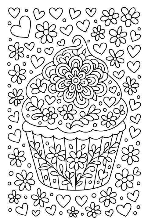 Cupcake fleuri Cupcake décoratif à colorier entouré de fleurs et de cœurs.