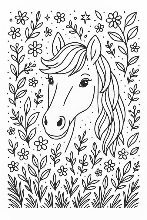Tête de cheval Tête de cheval à colorier entourée de fleurs.
