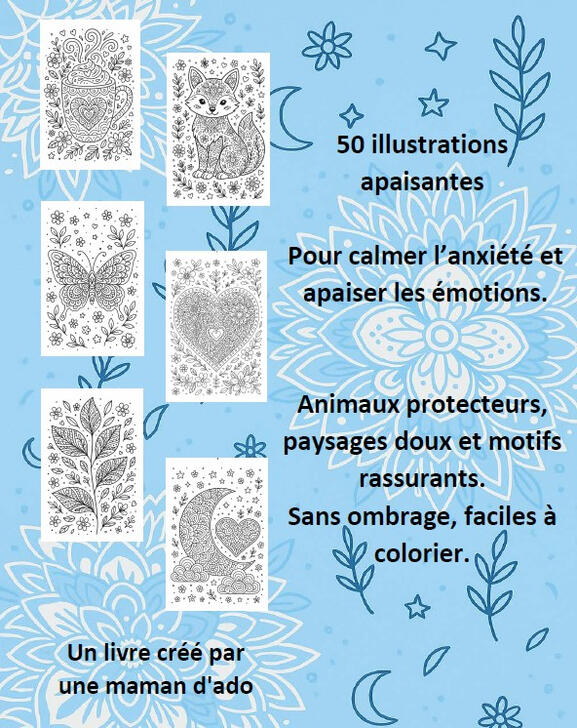 Présentation Coloriages Anti-Stress Page de présentation du livre Coloriages Anti-Stress avec plusieurs illustrations apaisantes à colorier.
