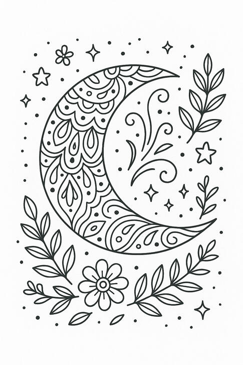 Lune décorative Croissant de lune décoratif à colorier avec des fleurs et des étoiles.