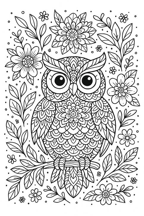 Hibou fleuri Hibou décoratif à colorier entouré de fleurs.
