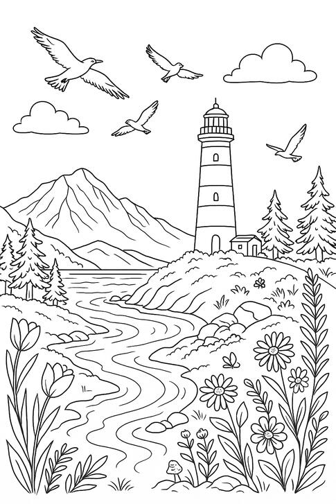 Illustration de coloriage représentant un phare près d'une rivière et des montagnes.