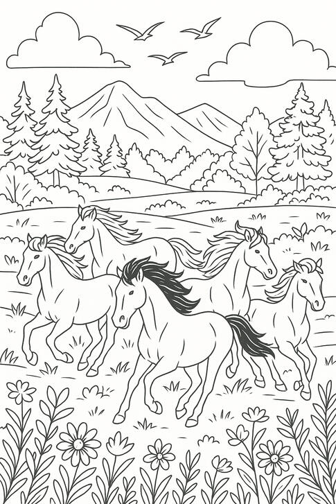 Illustration de coloriage représentant deux chevaux dans une prairie fleurie avec des montagnes en arrière-plan.