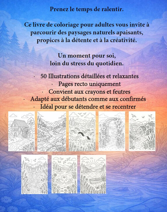 Page de présentation du livre Nature & Paysages avec plusieurs paysages naturels à colorier.