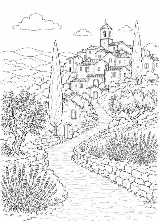 village provençale Illustration de coloriage représentant un village provençale