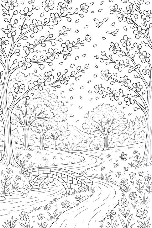 Allée bordée d'arbres Illustration de coloriage représentant une allée arborée dans un paysage naturel.