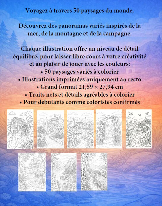 Page de présentation du livre Nature & Paysages avec plusieurs paysages naturels à colorier.