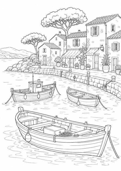 Illustration de coloriage représentant un port mediterrannéen