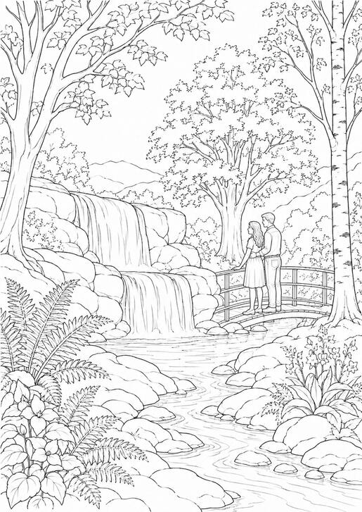 amoureux en cascade Illustration de coloriage représentant deux amoureux qui regardent une cascade