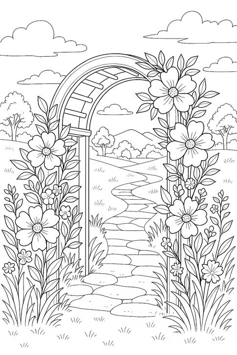 Jardin avec arche fleurie Illustration de coloriage représentant une arche fleurie dans un jardin paysager.