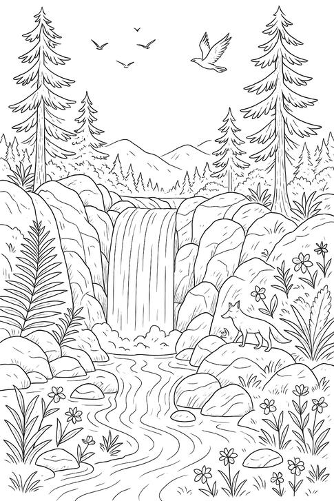 Illustration de coloriage représentant une cascade au cœur d'un paysage naturel.