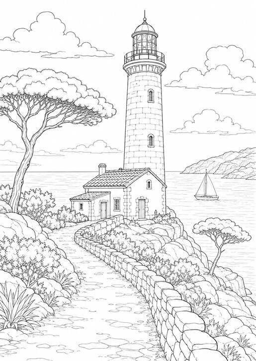 Illustration de coloriage représentant un phare près d'une rivière et des montagnes.