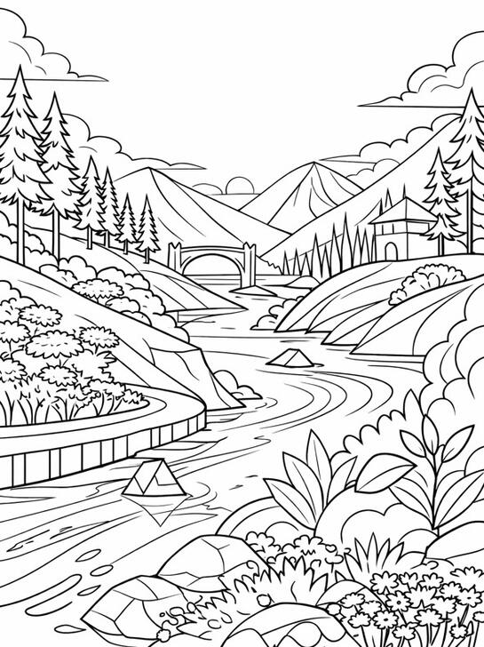 Illustration de coloriage représentant une rivière traversant un paysage de montagne.