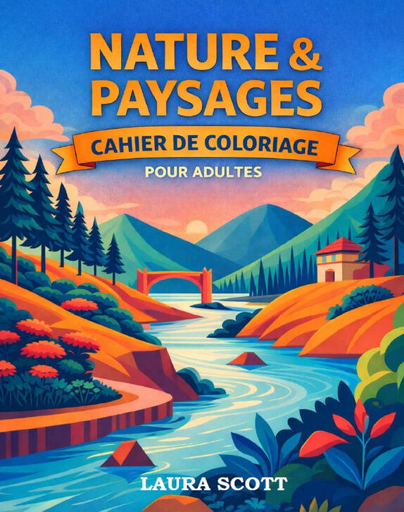 Couverture du livre de coloriage pour adultes Nature & Paysages avec un paysage de montagne et une rivière.