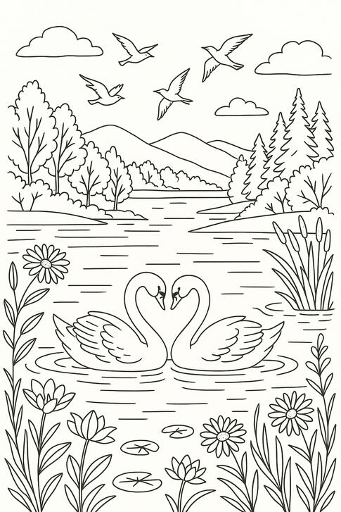 Illustration de coloriage représentant deux cygnes nageant sur un lac entouré de nature.