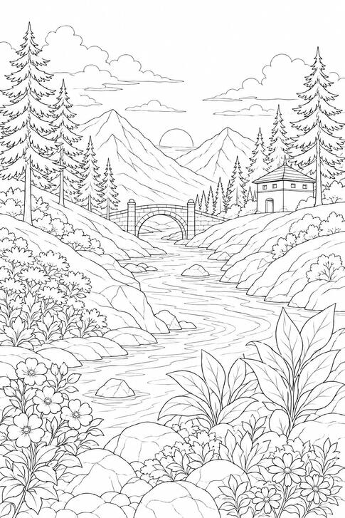 Illustration de coloriage représentant une rivière traversant un paysage de montagne.