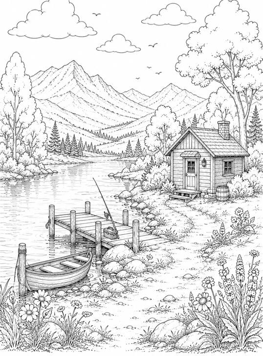Chalet au bord du lac Illustration de coloriage représentant un chalet, une barque et un lac entouré de montagnes.