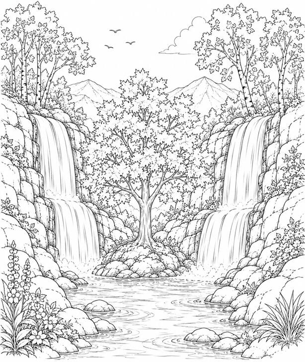 Livre de coloriage adulte Nature & Évasion Cascade naturelle
