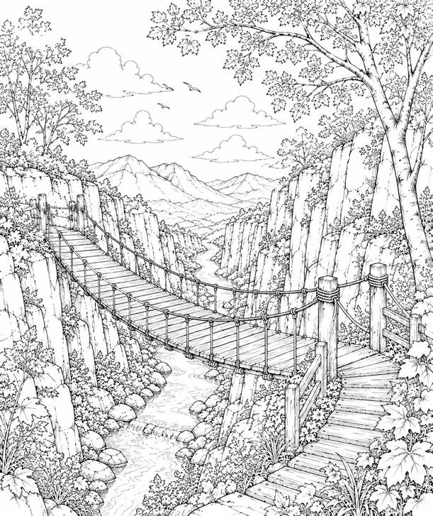 Pont suspendu en forêt Illustration de coloriage représentant un pont suspendu traversant une forêt luxuriante