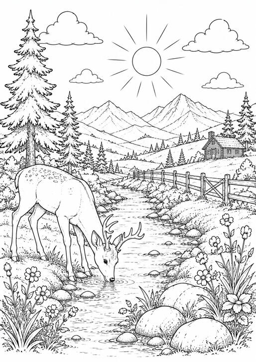 Cerf dans la montagne Illustration de coloriage représentant un cerf dans un paysage naturel avec des montagnes et des sapins.