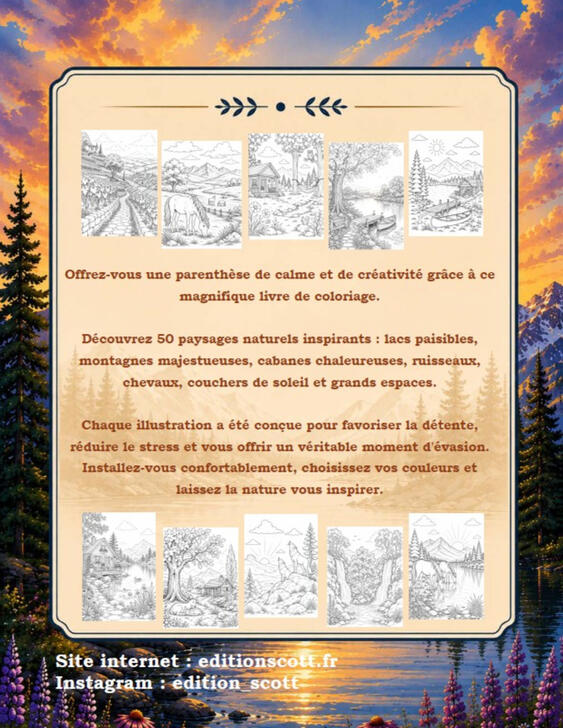 Présentation Nature & Évasion Page de présentation du livre Nature & Évasion montrant plusieurs illustrations de paysages naturels à colorier.
