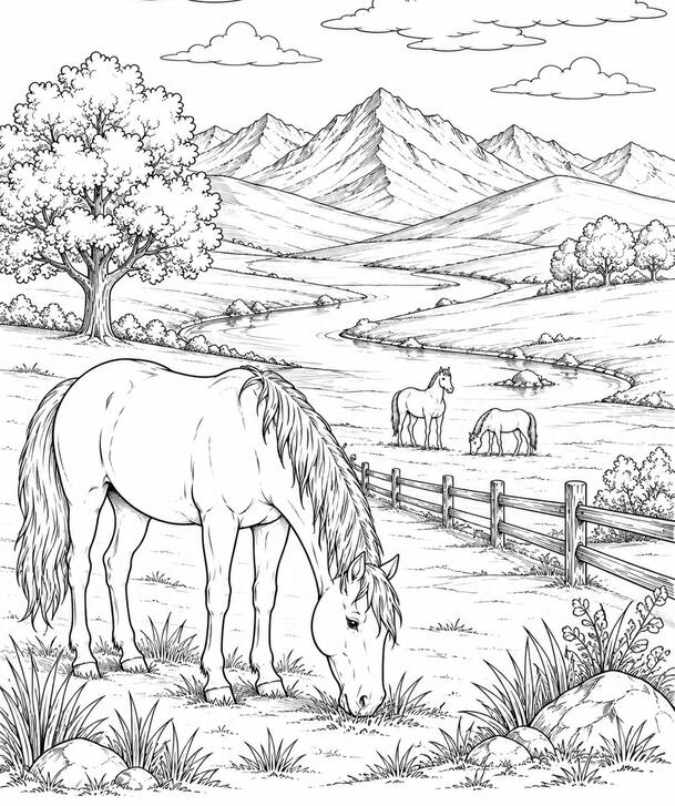Cheval dans la nature Illustration de coloriage représentant un cheval dans un paysage de montagne avec une rivière et une ferme.