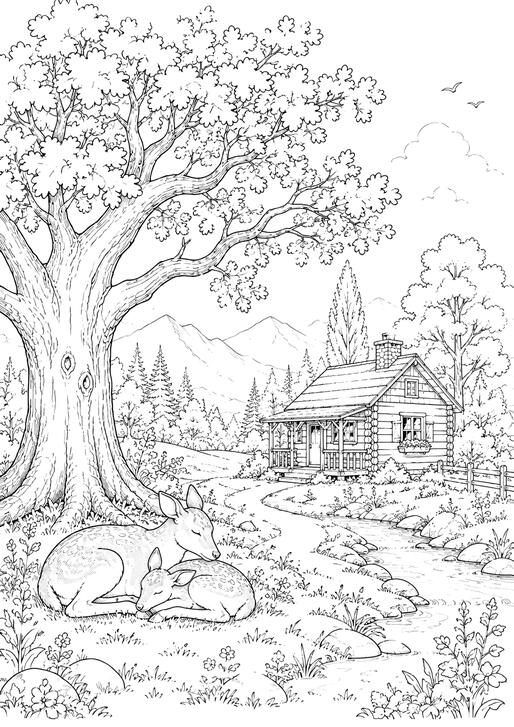 Cabane sous un arbre Illustration de coloriage représentant une cabane en bois sous un grand arbre près d'un lac.